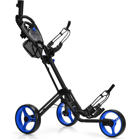 Folding 3 Wheels Golf Push Cart with Brake Scoreboard Adjustable Handle-Blue