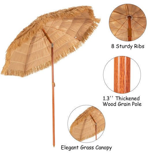 6.5 Feet Portable Thatched Tiki Beach Umbrella with Adjustable Tilt for Poolside and Backyard