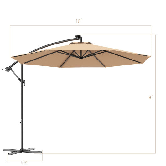 10 Feet Patio Hanging Solar LED Umbrella Sun Shade with Cross Base-Beige