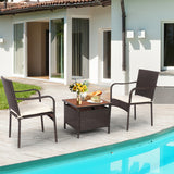 3 Pieces Patio Rattan Furniture Bistro Set with Wood Side Table and Stackable Chair