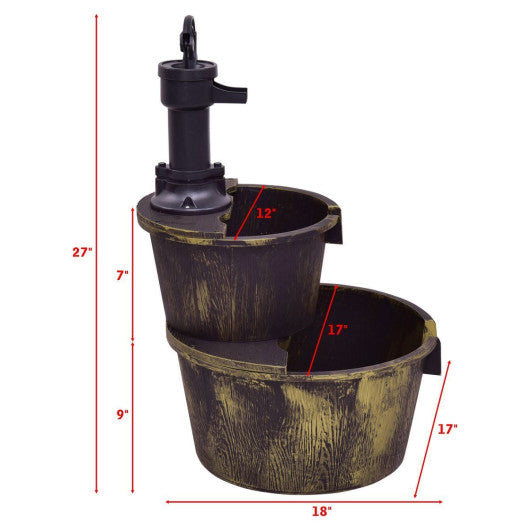 2 Tiers Outdoor Barrel Waterfall Fountain with Pump