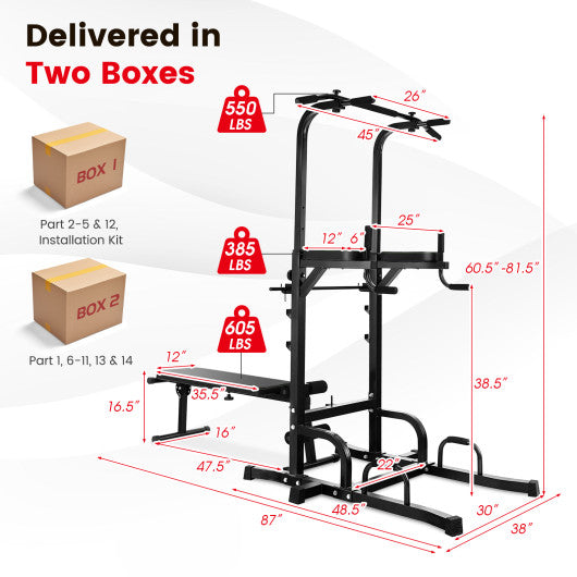 Power Tower Pull Up Bar Stand with Adjustable Heights and Bench