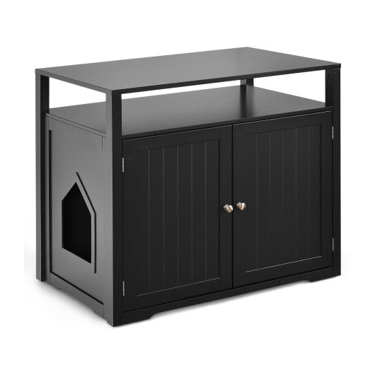 Wooden Cat Litter Box Enclosure Hidden Cat Washroom with Storage Layer-Black