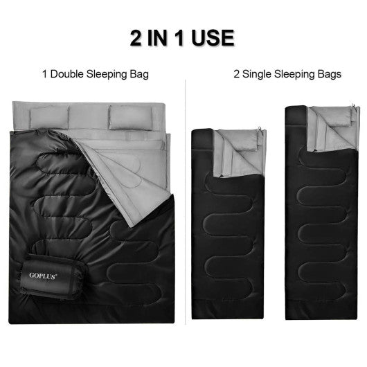 2 Person Waterproof Sleeping Bag with 2 Pillows-Black