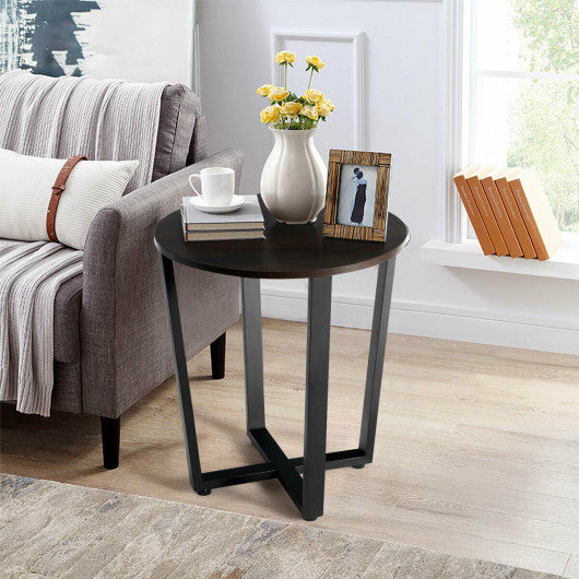 2-tier Round End Table with Storage Shelf & Metal Frame-Walnut