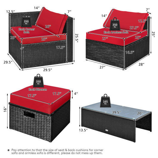 8 Pieces Patio Rattan Storage Table Furniture Set-Red