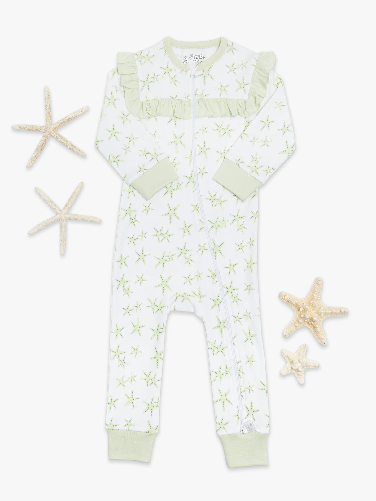 Organic Cotton Ruffled Romper - Green Starfish by Little Moy