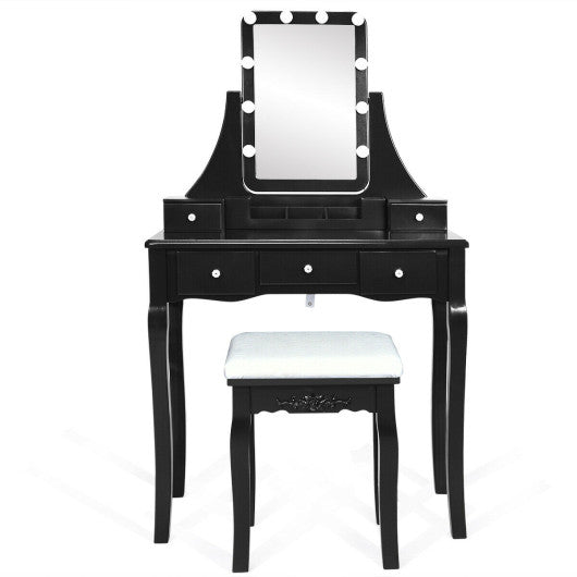 10 Dimmable Light Bulbs Vanity Dressing Table with 2 Dividers and Cushioned Stool-Black
