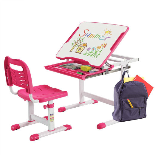 Kids Height Adjustable Desk and Chair Set with Tilted Tabletop and Drawer-Pink