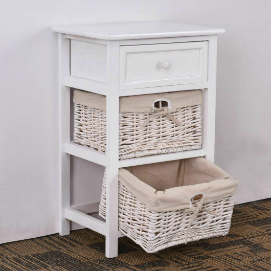 3 Tier Set of 2 Wood Nightstand with 1 and 2 Basket Drawer -White