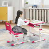 Kids Height Adjustable Desk and Chair Set with Tilted Tabletop and Drawer-Pink