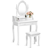 Wood Vanity Table Set with Oval Mirror and 4 Drawers for Kids Girls Women-White