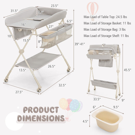Baby Diaper Changing Table with Water Basin Wheel-Gray