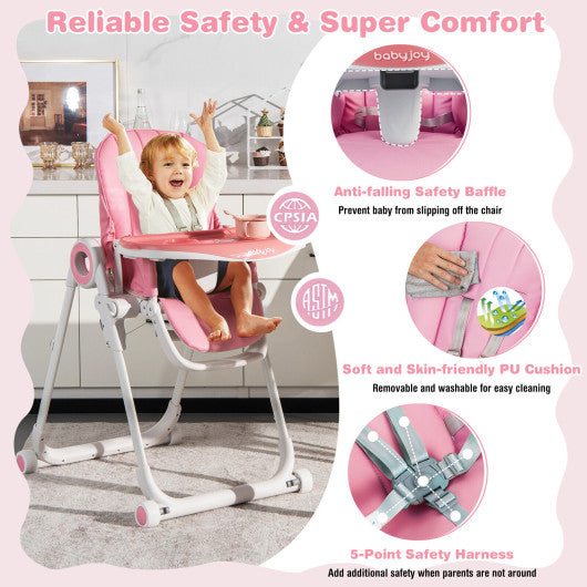 Baby High Chair Foldable Feeding Chair with 4 Lockable Wheels-Pink