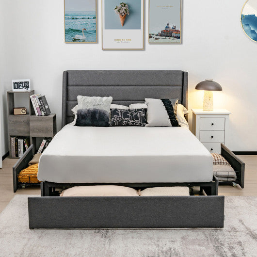 Upholstered Platform Bed Frame with 3 Storage Drawers-Queen Size