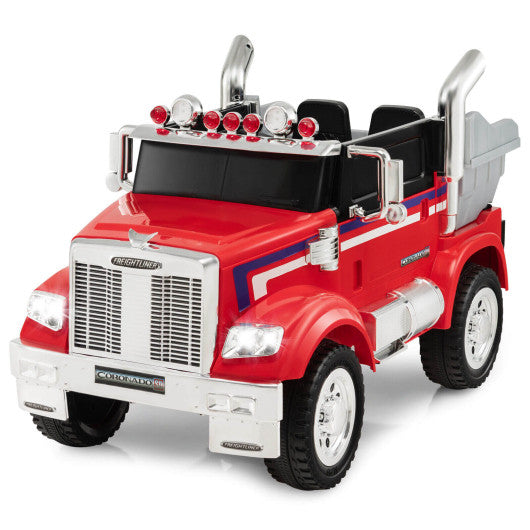 12V Licensed Freightliner Kids Ride On Truck Car with Dump Box and Lights -Red