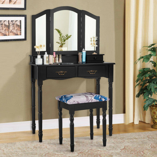 Simple Vanity Set with Tri-Folding Mirror Drawers and Storage Shelf-Black