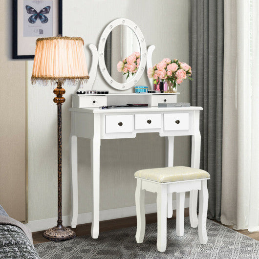 5 Drawers Vanity Table Stool Set with 12-LED Bulbs-White