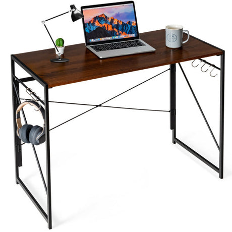 Folding Computer Desk Writing Study Desk Home Office with 6 Hooks-Brown
