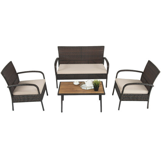 4 Pieces Patio Cushioned Wicker Conversation Set with Acacia Wood Tabletop