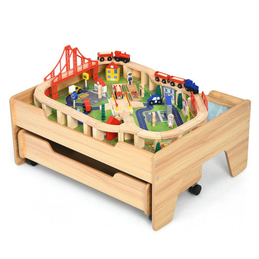 Children's Wooden Railway Set Table with 100 Pieces Storage Drawers