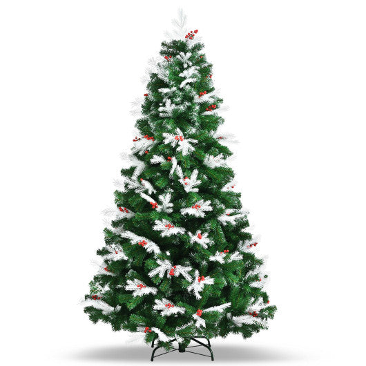 Unlit Snowy Hinged Christmas Tree with Mixed Tips and Red Berries-7'