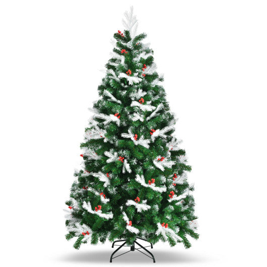 Unlit Snowy Hinged Christmas Tree with Mixed Tips and Red Berries-6'