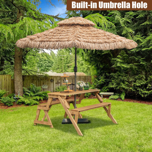 2-in-1 Transforming Interchangeable Wooden Picnic Table Bench with Umbrella Hole-Dark Golden Brown
