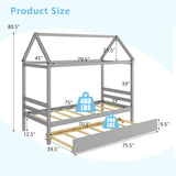 Twin House Bed Frame with Trundle Roof Wooden Platform Mattress Foundation-Gray