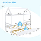 Twin House Bed Frame with Trundle Roof Wooden Platform Mattress Foundation-White