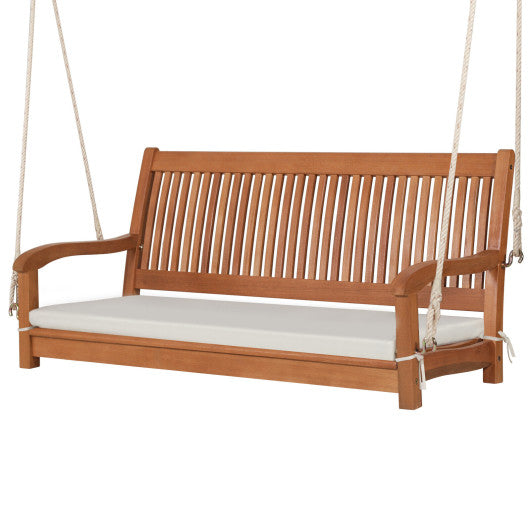 2-Person Hanging Porch Swing Wood Bench with Cushion Curved Back