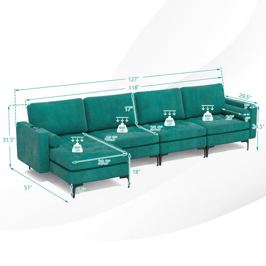 Modular 1/2/3/4-Seat L-Shaped Sectional Sofa Couch with Socket USB Port-4-Seat L-shaped with 2 USB Ports