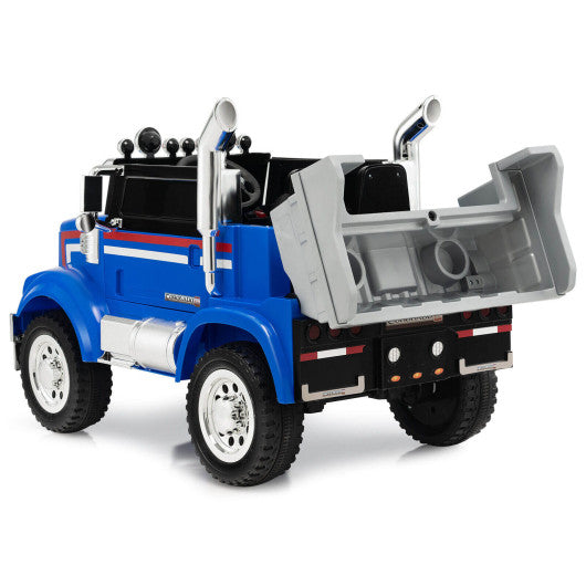 12V Licensed Freightliner Kids Ride On Truck Car with Dump Box and Lights -Blue