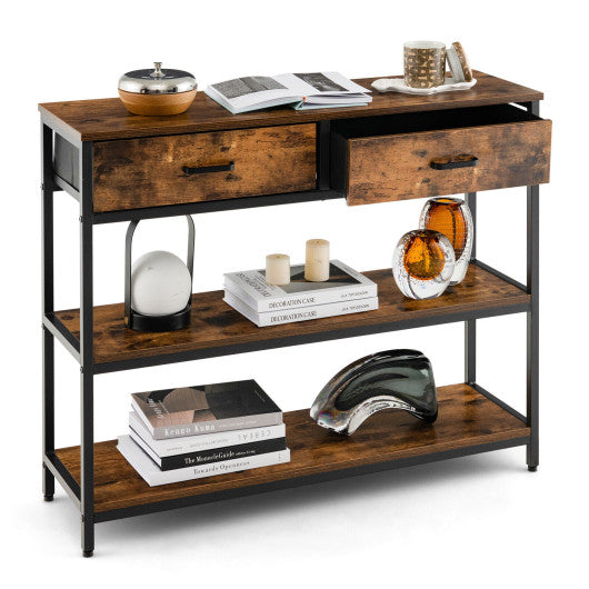 Console Table with Folding Fabric Drawers for Entryway-Rustic Brown