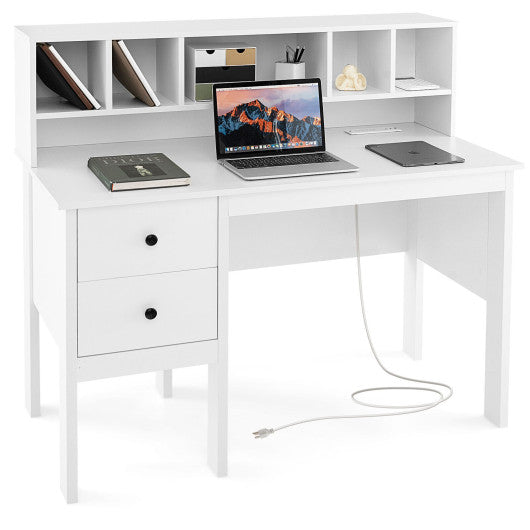 48 Inch Computer Desk with Drawers Power Outlets and 5-Cubby Hutch