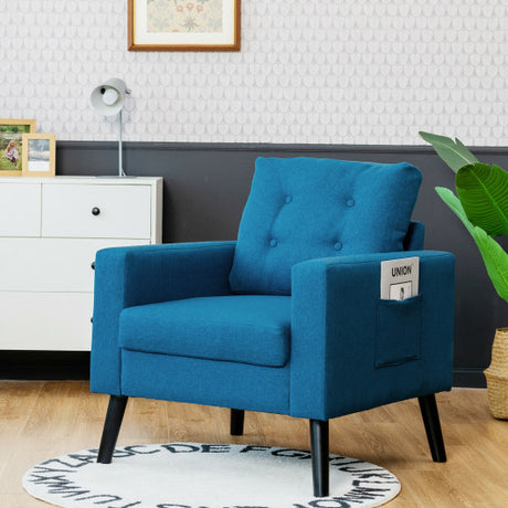 Mid-Century Upholstered Armchair Club Chair with Rubber Wood Legs-Blue
