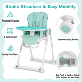 Baby High Chair Foldable Feeding Chair with 4 Lockable Wheels-Green