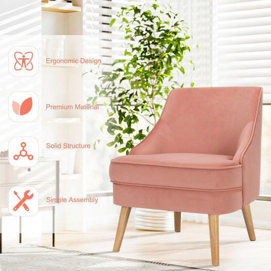 Mid Century Velvet Accent Chair with Rubber Wood Legs for Bedroom-Pink
