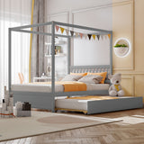 Full Size Canopy Bed with Trundle Wooden Platform Bed Frame Headboard-Gray