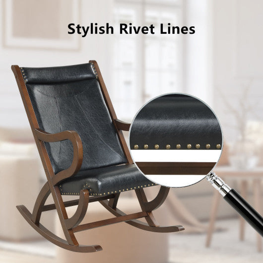 Modern Rocking Chair with PU Cushion and Rubber Wood Frame-Black