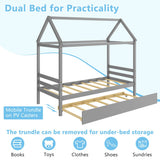 Twin House Bed Frame with Trundle Roof Wooden Platform Mattress Foundation-Gray