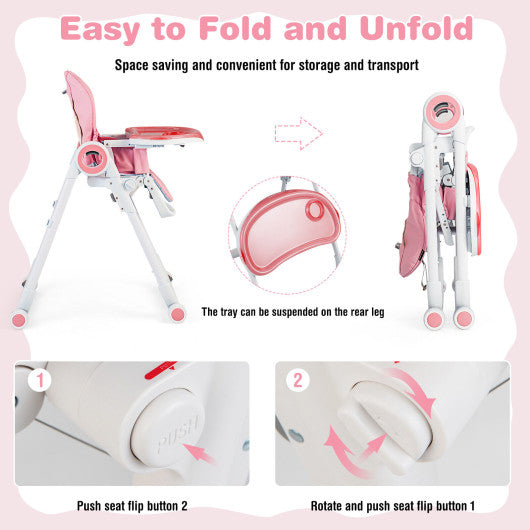 Baby High Chair Foldable Feeding Chair with 4 Lockable Wheels-Pink