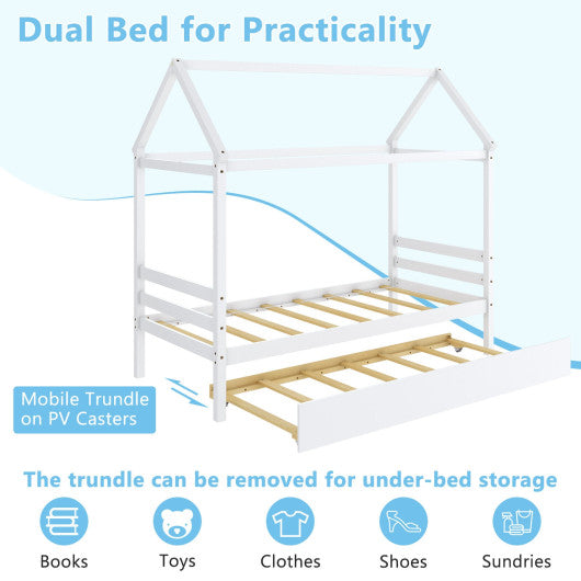 Twin House Bed Frame with Trundle Roof Wooden Platform Mattress Foundation-White