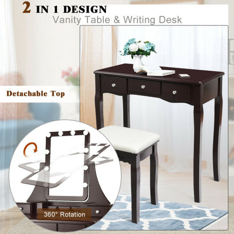 10 Dimmable Light Bulbs Vanity Dressing Table with 2 Dividers and Cushioned Stool-Coffee