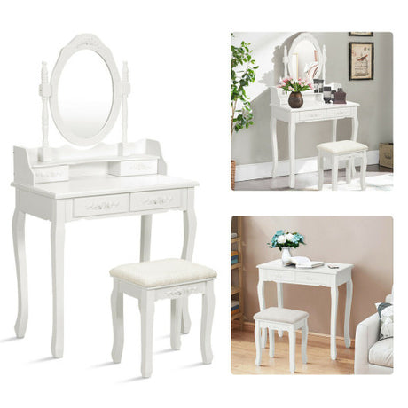Wood Vanity Table Set with Oval Mirror and 4 Drawers for Kids Girls Women-White