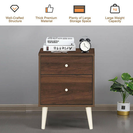 2-Drawer Nightstand Beside End Side Table with Rubber Legs-Brown