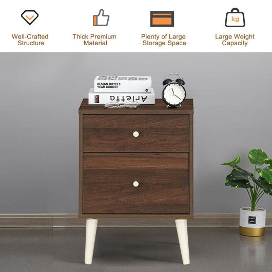 2-Drawer Nightstand Beside End Side Table with Rubber Legs-Brown