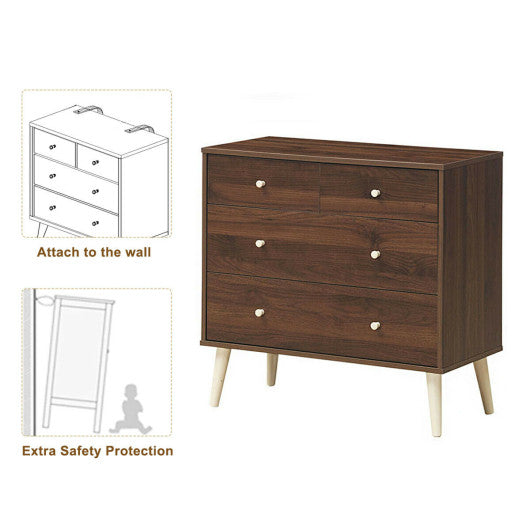 4-Drawer Dresser Cabinet Storage Organizer Rubber Leg with Rail-Brown