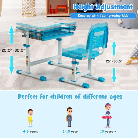 Kids Height Adjustable Desk and Chair Set with Tilted Tabletop and Drawer-Blue