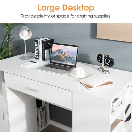 Counter Height Sewing Craft Table Computer Desk with Adjustable Shelves and Drawer-White